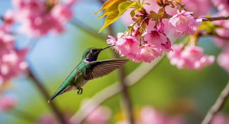 Hummingbird hovering by pink cherry blossoms on tree branchの写真素材