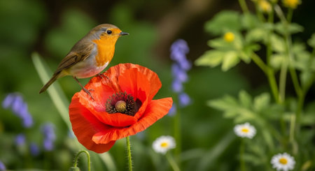 Robin bird perched on a vibrant red poppy flowerの写真素材