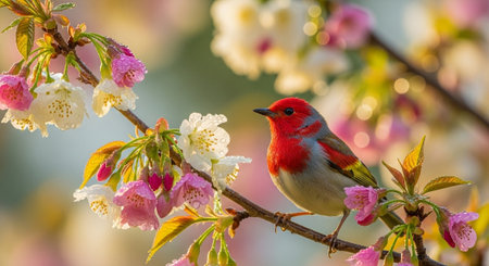 Red headed bird perched on blossoming cherry tree branchの写真素材