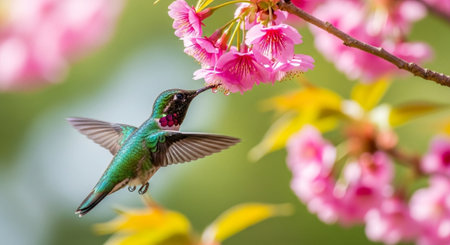 Hummingbird approaching pink blossoms in soft spring lightの写真素材