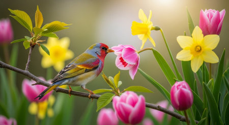 Vibrant Gouldian finch perched among springtime flowers and blossomsの写真素材