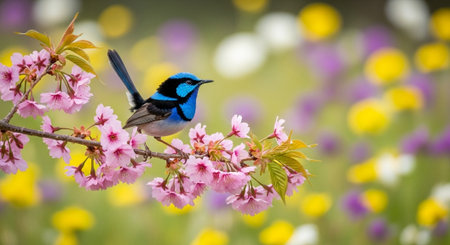 Vibrant fairy wren perched among pink blossoms in springの写真素材