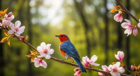 Vibrant red headed bird perched on flowering branch springtimeの写真素材