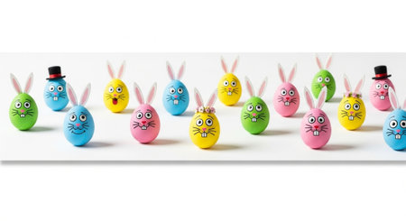 Colorful Easter eggs decorated as bunny faces on white background