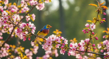 Vibrant songbird perched among blooming cherry blossoms in springtime