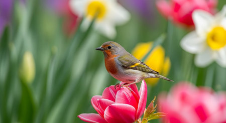 Robin perched on a bright pink tulip blossomの写真素材
