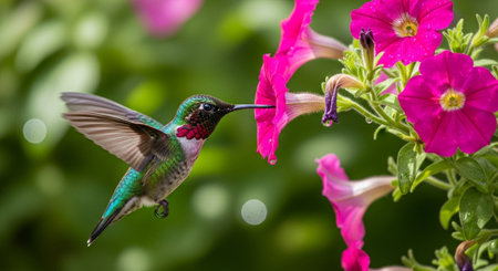 Ruby-throated hummingbird sips nectar from vibrant pink petunia blossomsの写真素材
