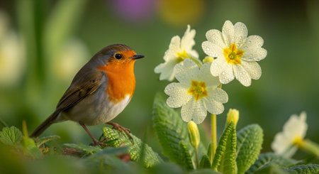 Robin with dew-covered primroses in soft morning lightの写真素材