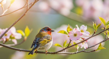 Vibrant bird perched on blossoming branch in warm sunlightの写真素材