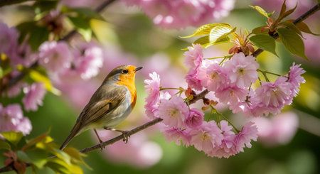 Robin perched on branch with pink cherry blossom flowersの写真素材