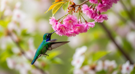 Hummingbird drinking nectar from cherry blossoms in spring season