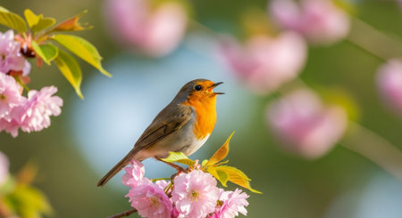 European robin singing on cherry blossom branch in springの写真素材