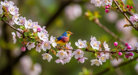 Vibrant bird amidst cherry blossoms on a sunlit branch