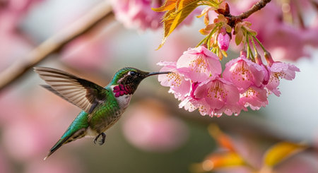Hummingbird feeding on pink cherry blossoms in springtime sunlightの写真素材