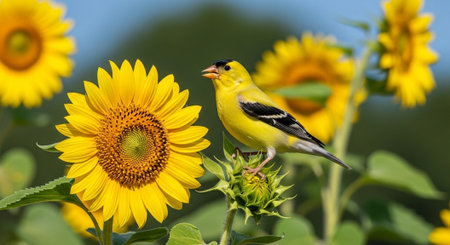 American Goldfinch perched on sunflower bud in sunny fieldの写真素材