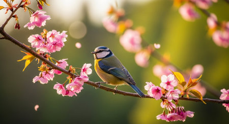 Eurasian Blue Tit Bird on Blossom Branch in Springの写真素材