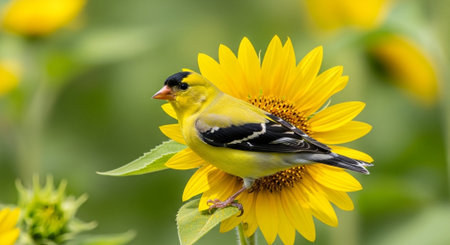 American Goldfinch Perched on Sunflower Blossom Close-Up Nature Sceneの写真素材