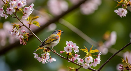 Vibrant Robin Perched on Blossoming Branch in Springtime Lightの写真素材