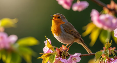 Robin singing among cherry blossoms in spring sunlight