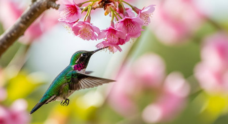 Vibrant hummingbird interacting with pink cherry blossom flowersの写真素材