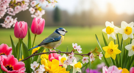 Spring bird perched on branch among colorful blossomsの写真素材