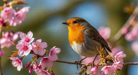 European Robin perched among pink cherry blossoms in spring