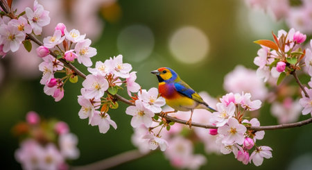 Vibrant bird perched on a blossoming cherry tree branch