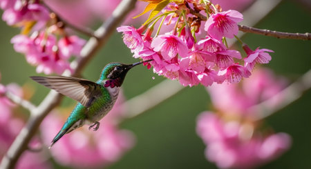 Hummingbird feeding on cherry blossoms in a natural settingの写真素材