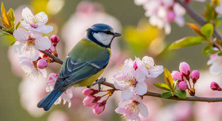 Eurasian blue tit bird perched on flowering cherry tree branch