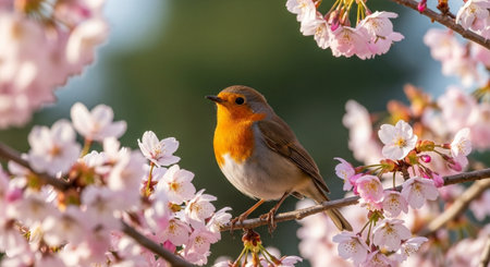 Robin perched on cherry blossom branch in spring sunshine