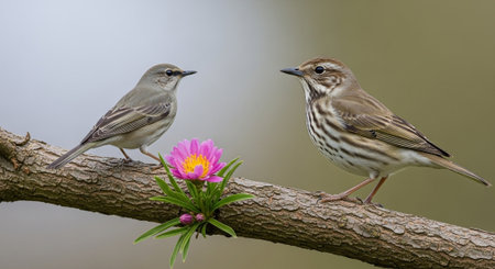 Two songbirds perched on a branch with flowerの写真素材