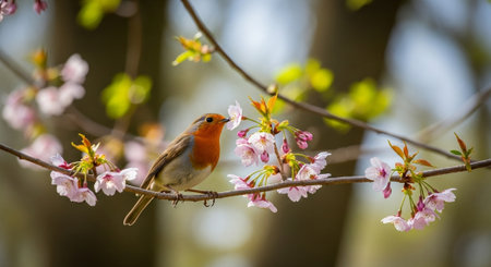 Robin perched on blossoming branch on a sunny day