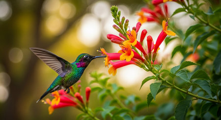 Hummingbird feeding on nectar from trumpet vine flowers