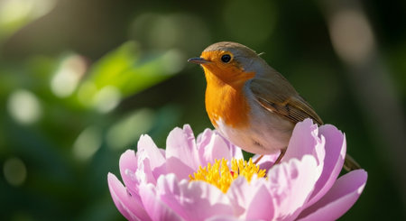 Robin perched on pink peony bloom in natural sunlightの写真素材