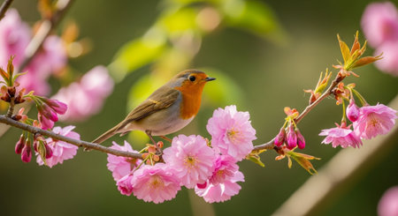 Robin perched on a blossoming branch, spring floral background