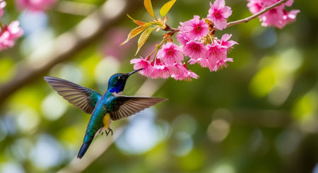 Hummingbird feeding on vibrant pink cherry blossom blooms