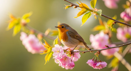 Robin bird perched on cherry blossom branch in springtime