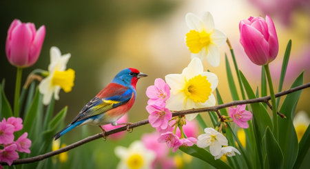 Colorful bird perched among spring flowers on a branchの写真素材