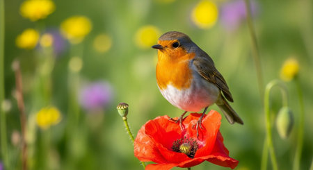 European robin perched atop vibrant red poppy in fieldの写真素材