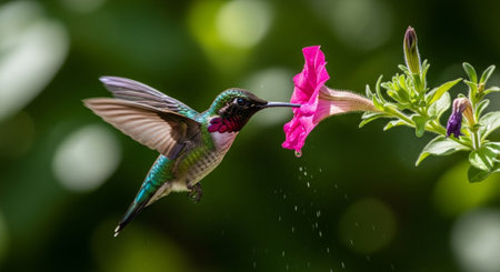 Hummingbird feeding on nectar from pink flower in bloomの写真素材