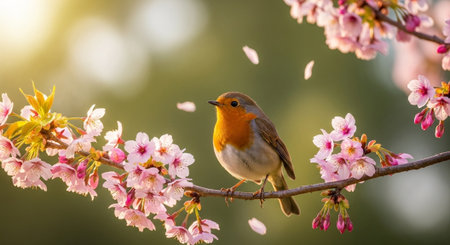 Robin bird perched on cherry blossom branch in springの写真素材