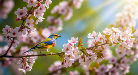 Vibrant bird on cherry blossom branch in spring sunshine