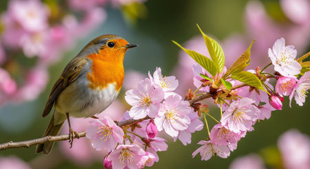 Robin perched on blossoming cherry tree branch in spring