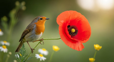 European Robin perched beside vivid red poppy blossomの写真素材