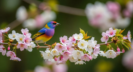 Vibrant tanager bird perched on blossoming cherry tree branchの写真素材