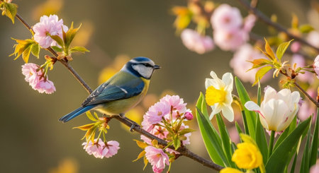 Eurasian blue tit perched on blooming cherry blossom branchの写真素材