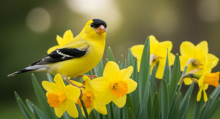 American Goldfinch perched on vibrant yellow daffodils in spring