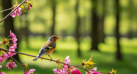 Elegant bird perched on flowering branch in springtimeの写真素材