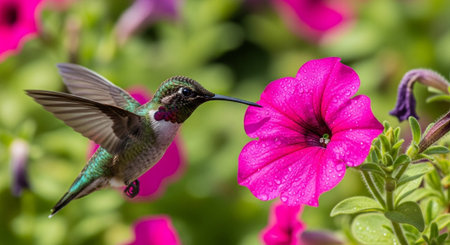 Hummingbird approaches a bright pink petunia flower in garden