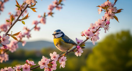 Eurasian blue tit perched on a blooming cherry branch